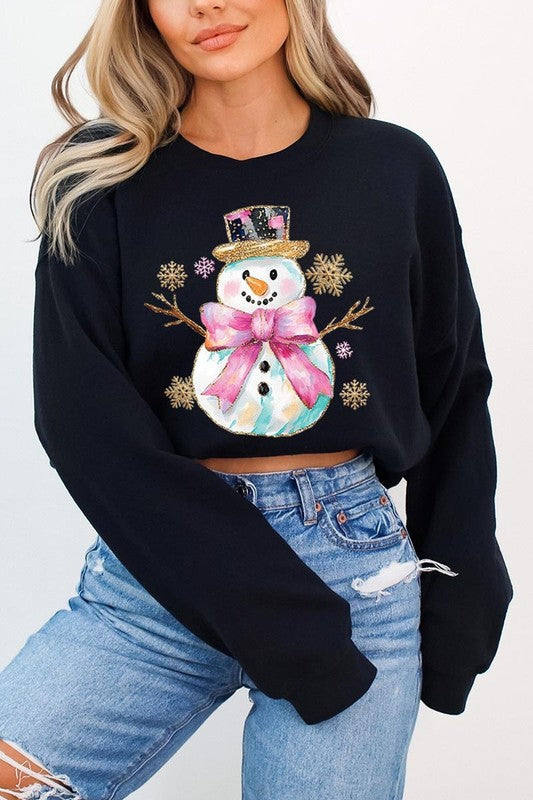 Faux Glitter Snowman Graphic Fleece Sweatshirts