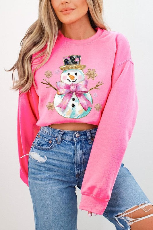 Faux Glitter Snowman Graphic Fleece Sweatshirts