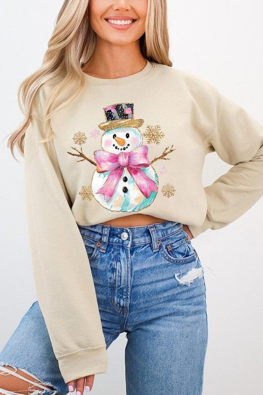 Faux Glitter Snowman Graphic Fleece Sweatshirts