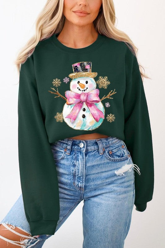 Faux Glitter Snowman Graphic Fleece Sweatshirts