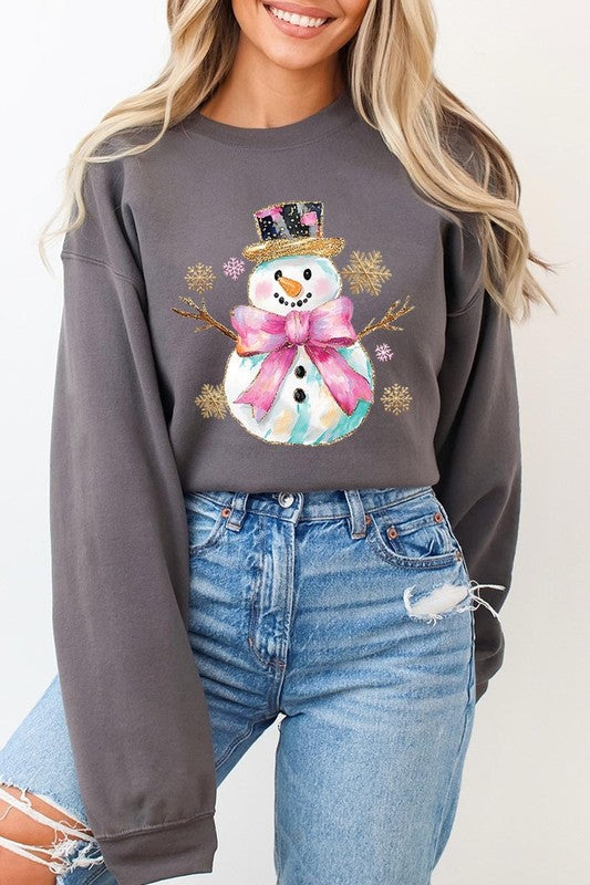 Faux Glitter Snowman Graphic Fleece Sweatshirts