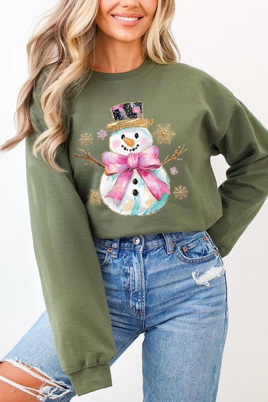 Faux Glitter Snowman Graphic Fleece Sweatshirts