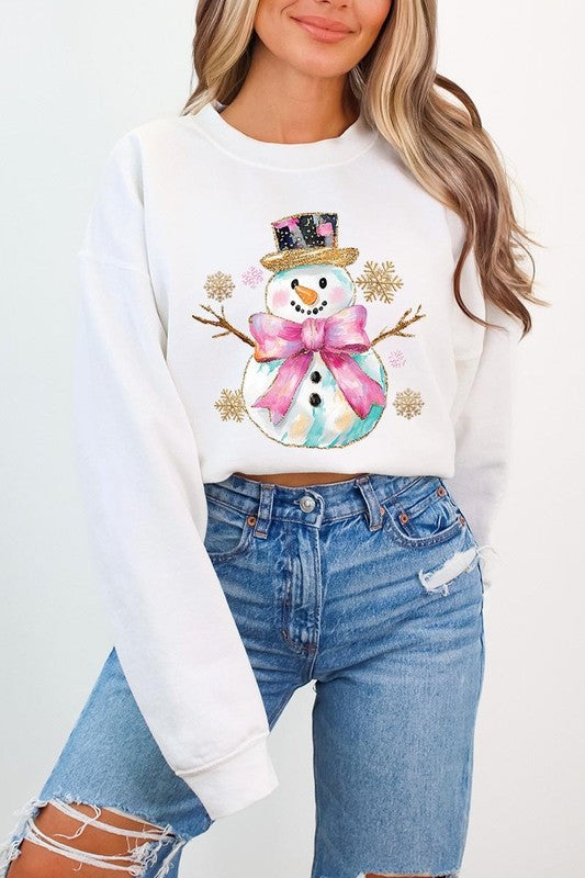 Faux Glitter Snowman Graphic Fleece Sweatshirts