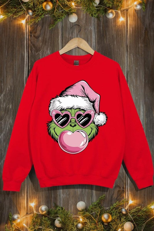 Pink Blowing Bubble Grinch Graphic Sweatshirts