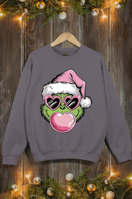 Pink Blowing Bubble Grinch Graphic Sweatshirts