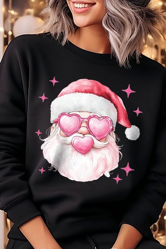 Pink Christmas Santa Graphic Fleece Sweatshirts