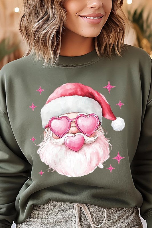 Pink Christmas Santa Graphic Fleece Sweatshirts