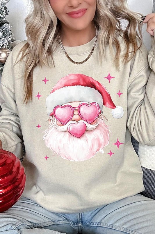 Pink Christmas Santa Graphic Fleece Sweatshirts