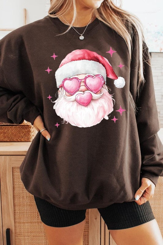 Pink Christmas Santa Graphic Fleece Sweatshirts