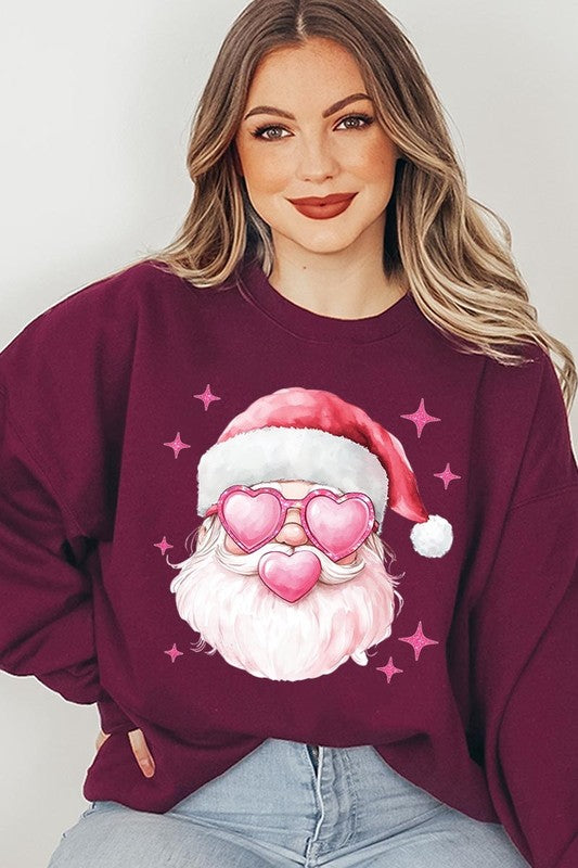 Pink Christmas Santa Graphic Fleece Sweatshirts